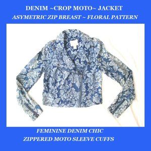 Vintage Denim MOTO CROP Jacket - FLORALl JACQUARD Pattern ~ ZIP FRONT & SLEEVES